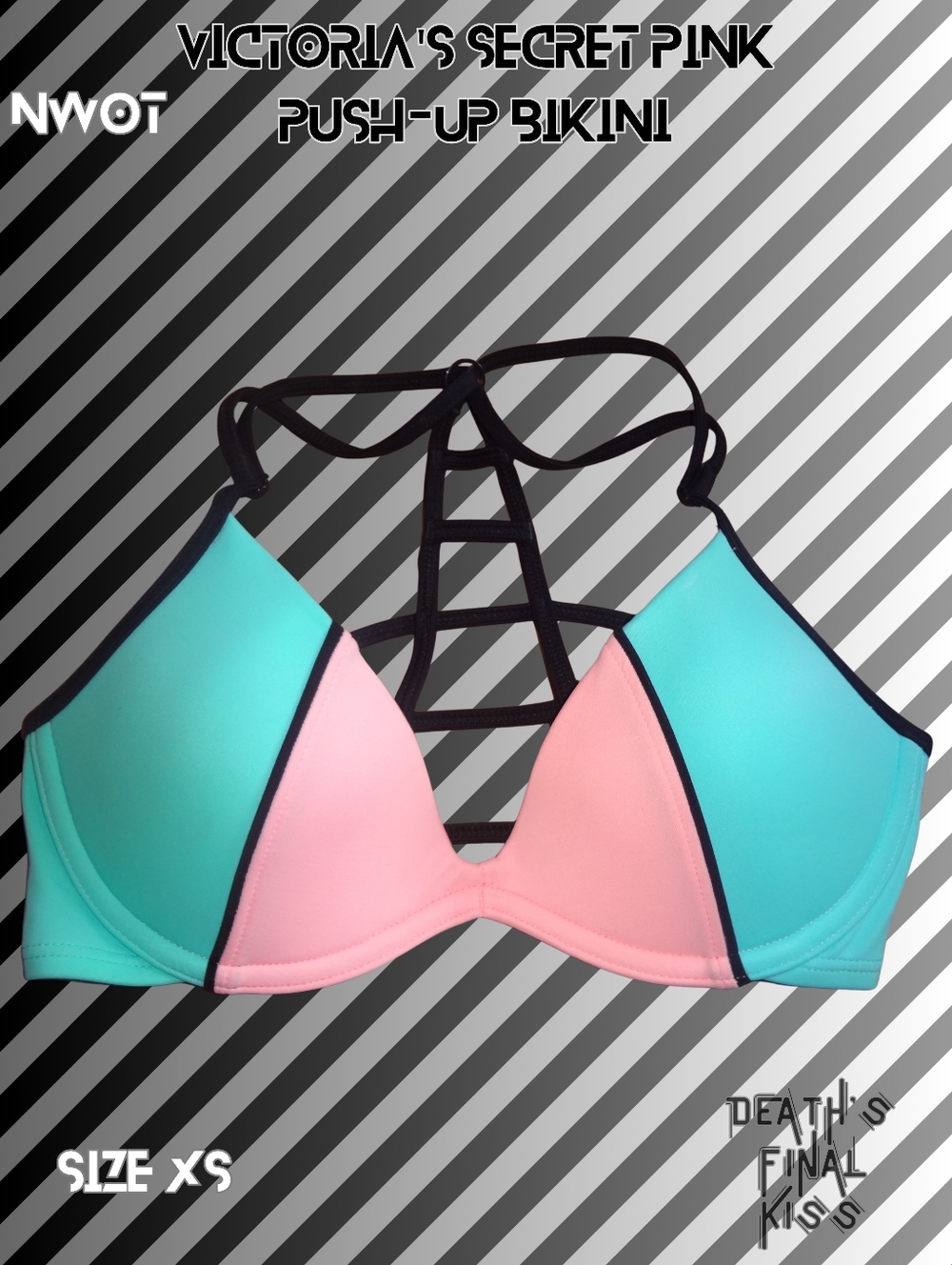 NEW Victoria's Secret PINK Peach Coral Aqua Caged Strappy Push-Up Bikini XS Sexy